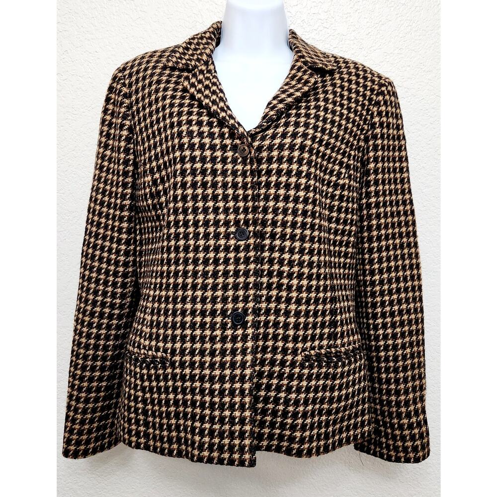 VTG Liz Claiborne Brown Tan Hounds Tooth Lined Blazer 14 Petite Lightweight